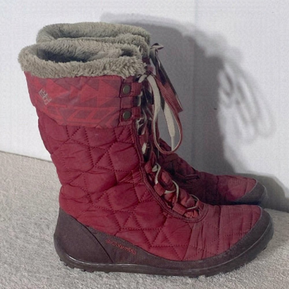 COLUMBIA Red Mid Calf Lace Up Winter Snow Boots With Faux Fur Trim 9